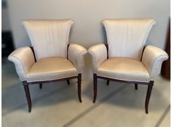 PAIR OF MAHOGANY CHAIRS WITH CREME FABRIC UPHOLSTERY