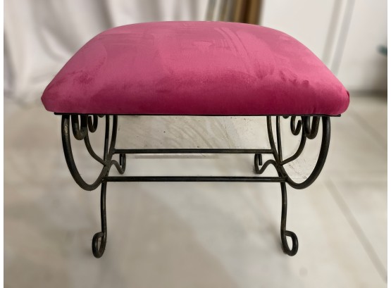 WROUGHT IRON SCROLL VANITY BENCH WITH PINK VELVET SEATING