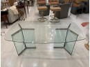 MCM IRVING ROSEN STYLE CHROME AND BEVELLED GLASS DOUBLE PEDESTAL TABLE