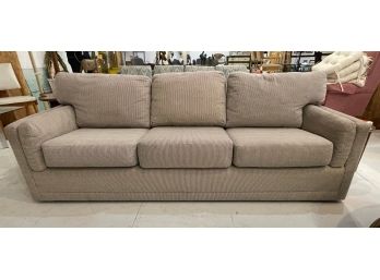 1980S 3 SEATER BEIGE UPHOLSTERED SOFA IN STYLE OF MILO BAUGHMAN