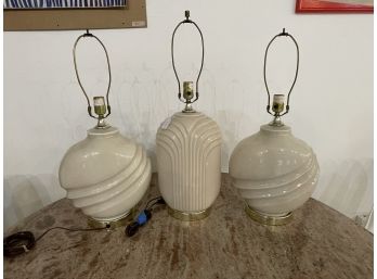 3 PC SET OF PORCELAIN CREAM-COLORED BRASS BASE LAMPS