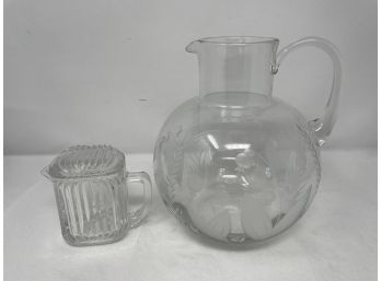 VINTAGE CRYSTAL PITCHER AND CREAMER WITH LID