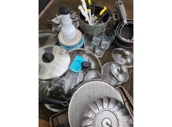 Silverstone And Calphalon Pots And Pans And Knives, Drinking Glasses, Silverware And Other Kitchen Items