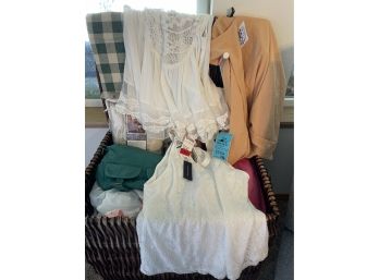 Assorted Women's Clothing, Mostly Size Large And Accessories, Covered Wicker Storage Bin And Kitchen Linens