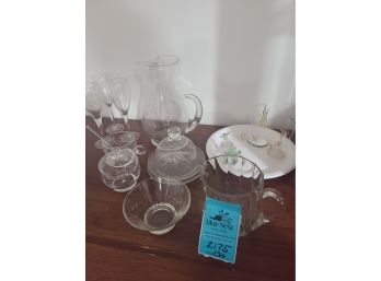 Glass Water Pitcher, Sugar And Creamer, Stemmed Wine Glasses, Domed Plate, Glass Humming Bird Decor