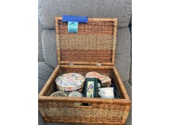 Wicker Basket With Hinged Lid, Night Lights, Candles And Make-up