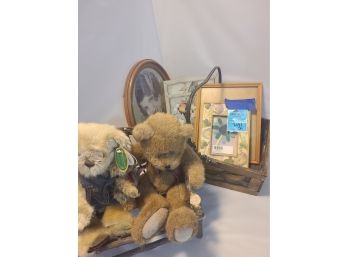 Vintage Boyds Bear, Bearington Bear,  Vintage Wooden Bench, Picture Frames And Basket