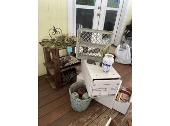 Garden Shelf And Gardening Items, Vases, Candles, Gardening Decor, Wicker Basket And Tin Bucket With Handle