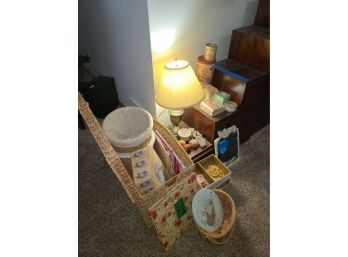 Wicker Storage Baskets ,table Lamp, Photo Album, And Assorted Decorative Tins, Candles And Jewelry Boxes,