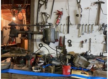 Drill Press, Wrenches, Oil Cans, Parking Meter And Other Parts And Pieces