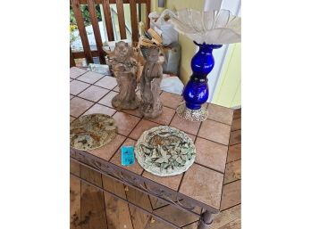 Ceramic Tile Table  With Metal Base, Decor, Books, Games, Bird Bath With Metal And Glass