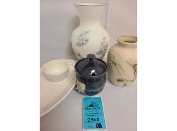 Nemadji Pottery, Glass Vase, Hallmark Platter With Cup