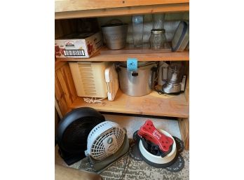 Vintage Pressure Cooker, Desk Fans, Pet Items, And Assorted Kitchen Items