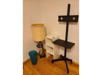 Lamp, TV Stand, Garbage Can, Wooden Shelf