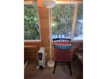 Electric Space Heater, Lamp, Chair And Cushions