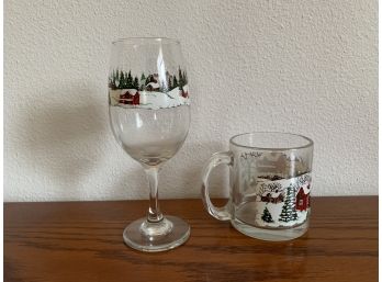 Winter Scene Wine Glass And Mug