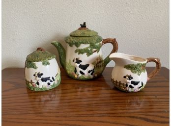 Cow Theme Teapot, Creamer, And Sugar Bowl