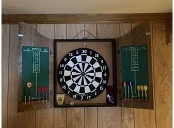 Vintage The King Of Arms Dartboard Cabinet With Darts And Chalk