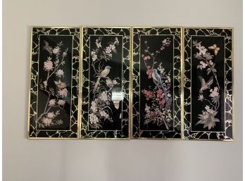 4 Separate Black And Gold Wall Hangings Featuring Birds, Butterflies, And Flowers