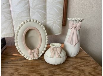 Picture Frame, Trinket Dish, And Vase With Pink Ribbon Design