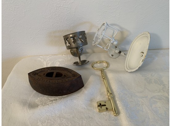 Antique Cup And Toothbrosh Holder, Cup And Soap Holder, Sad Iron, And Key