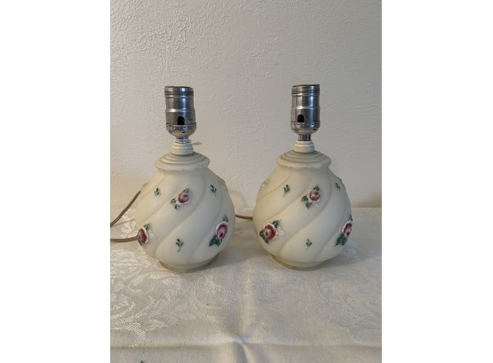 Pair Of Lamps - Satin Milk Glass With Embossed Hand Painted Flowers