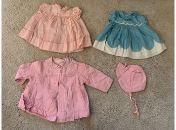 Vintage Baby Clothes - Pink Coat With Bonnet, Pink Dress, And Blue Dress