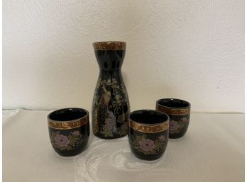 Sake Set With Beautiful Floral Details And Peacock