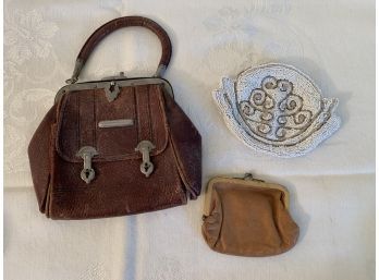Vintage Leather Purse, Small Coin Purse, And Beaded Purse