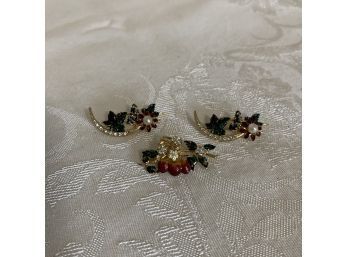 Brooches With Flowers, Grapes, And Cherries
