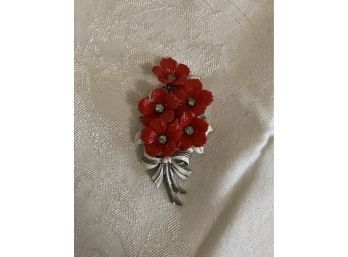 Red Flowers With Rhinestone Centers Brooch