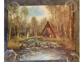 A Frame Cabin On A Stream In The Woods Lithograph Print