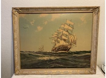 Framed Sailing Ship Print (print Damaged, Frame Is Great)