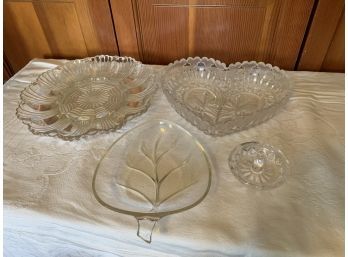 Glass Dishes - Ring Dish, Deviled Egg Platter, Leaf Dish, And Bird Heart Bowl