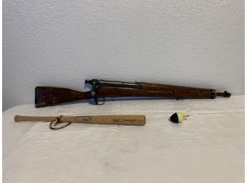 Bolt Action Rifle Toy Gun, Little Louisville Slugger Baseball Bat, And A Painted Bobber