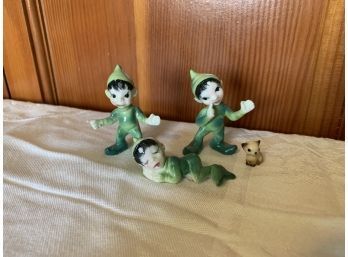 Trio Of Bone China Pixies / Elves And An Itty Bitty Kitten