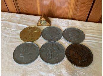 Collectible Large Coins And A Quarter In A Wooden Triangle