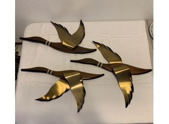 Mid Century Masketeers Wood And Brass Ducks / Geese Wall Decor