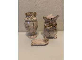 Pale Pink And Gold 3 Piece Set - Vase, Trinket Dish, And Lidded Container