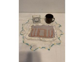 Assortment Of Vintage - Large Doily, Timer, Mug, Wow/mom Embroidered Fabric