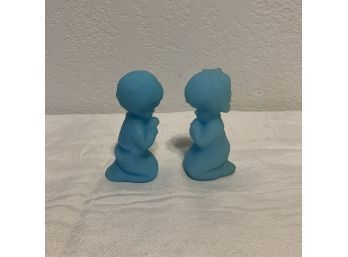 Fenton Blue Satin Glass Praying Boy And Girl Figurines
