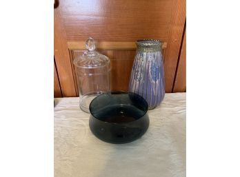 Vase, Glass Dish, And Lidded Glass Jar