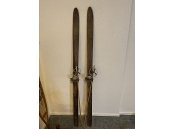 1930s-40s JC Higgins Sporting Goods For Sears Roebuck & Co Hickory Wood Skis With Bamboo Ski Poles