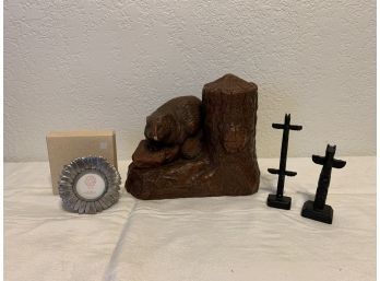 Picture Frame, Large Beaver Candle, And 2 Little Totem Poles