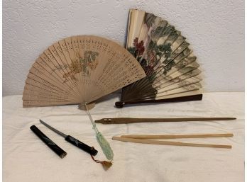 Vintage Asian Fans, Letter Cutter, And Chop Sticks