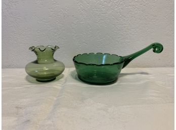 Emerald Green Glass Pan And Small Avocado Green Vase
