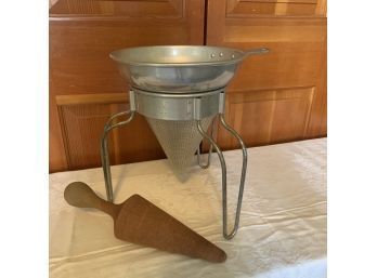 Vintage Wear Ever Aluminum Cone Sieve With Wood Pestle