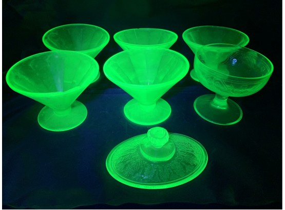 Uranium Glass Custard Cups And Lid