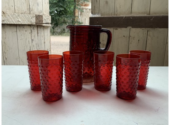 Ruby Red Hobnail Pitcher And Glasses