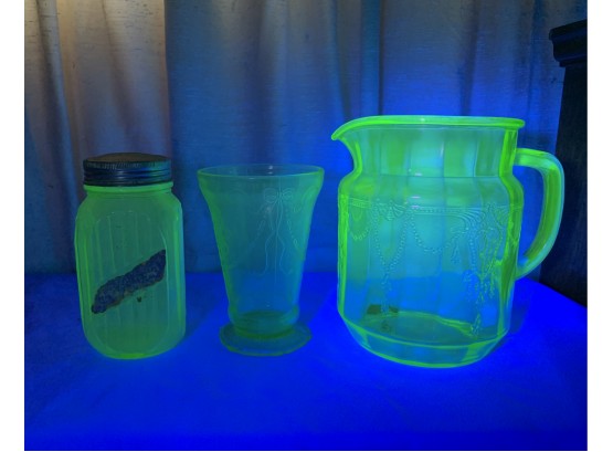 Uranium Glass Shaker, Pitcher, And Footed Tumbler